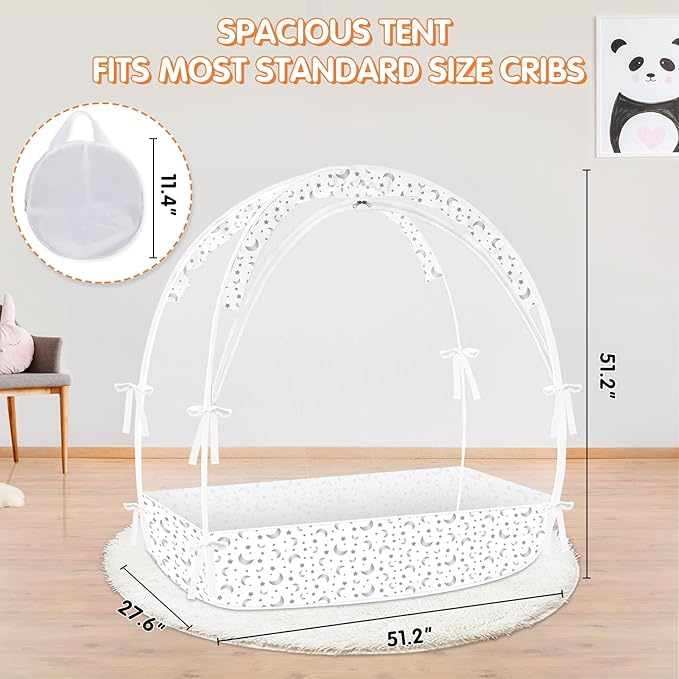 Crib Tent to Keep Baby from Climbing Out - Crib Net to Keep Baby in - Pop Up Breathable Cribs Cover - Canopy with Upgrade Strong Mesh and Durable Zipper (White-Star and Moon, Lager)-CubbioJoy