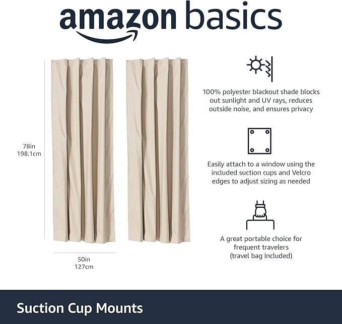 Amazon Basics Portable Blackout Curtain Shade with Suction Cups, 50"W x 78"L, 2-Pack, Beige-CubbioJoy