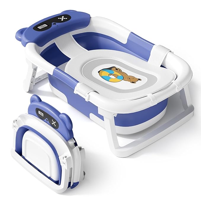 AVIDOR Baby Bathtub,Collapsible Bathtub for Newborn to Toddler,Durable Essential Infant Bath Tub,Portable Travel Baby Bathtub with Soft Cushion,No-Slip Hanging and Detachable Bathtub(Navy Blue)-CubbioJoy