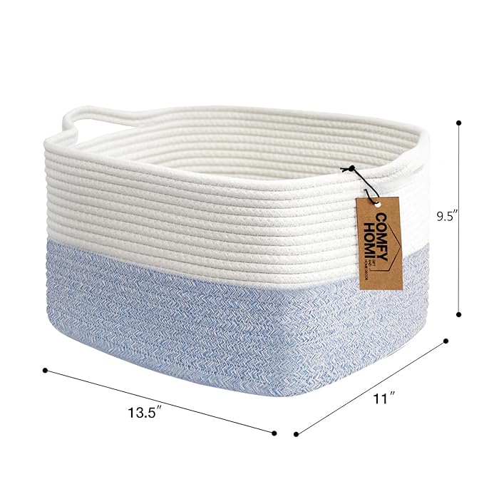 COMFY-HOMI Cotton Rope Woven Basket with Handles for shelf，Toy, Book, Cloth Storage Basket for Organizing-13.5"X11"X9.5" Storage Bin for Living Room, Newborn or Infant Gift for boy girl （White/blue）-CubbioJoy
