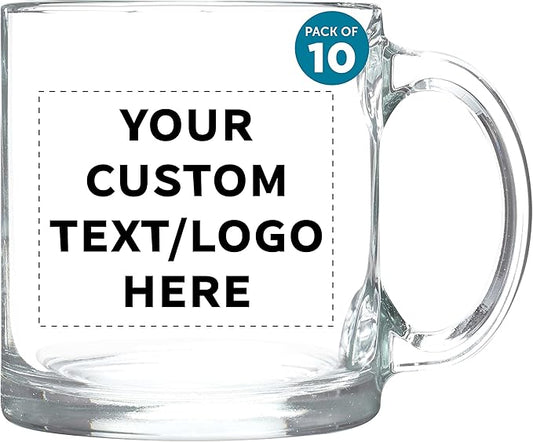 Custom Libbey Clear Glass Coffee Mugs 13 oz. Set of 10, Personalized Bulk Pack - Perfect for Coffee, Tea, Espresso, Hot Cocoa, Other Beverages - Clear Bottom-CubbioJoy