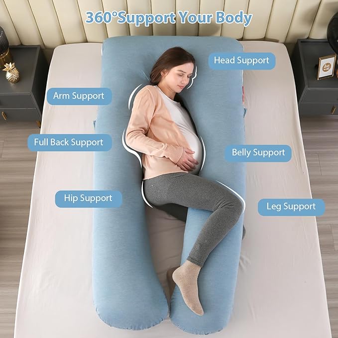 Amagoing Cooling Pregnancy Pillow for Sleeping, U Shaped Maternity Full Body Pillow for Women with Hip, Leg, Back Pain Support, Removable Cooling Cover Included (Light Blue)-CubbioJoy