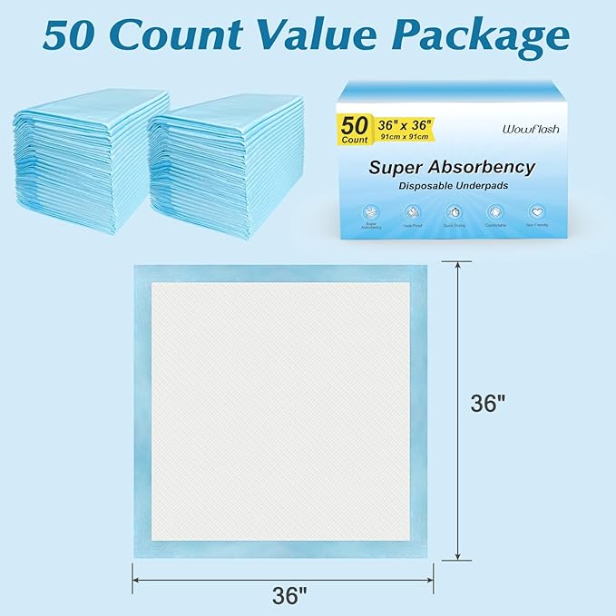 50 Count 36" x 36" Super Absorbency Disposable Underpads - Leakproof Quick Drying Pads for Baby, Puppy & Adults, Bed Pads, Incontinence & Dog Pee-CubbioJoy