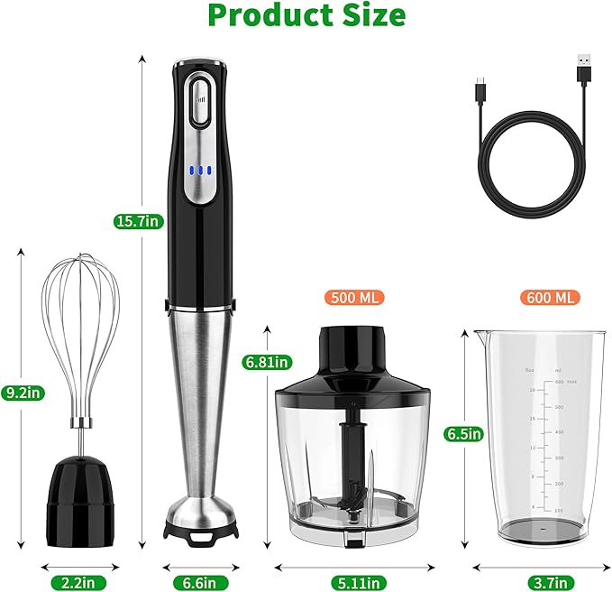 Cordless Immersion Blender Handheld, Rechargeable 4 In 1 Electric Hand Blender Stick Blender Variable Speed with Chopper, Beaker, Whisk, Stainless Steel Blade for Soup, Baby Food, Smoothies-CubbioJoy