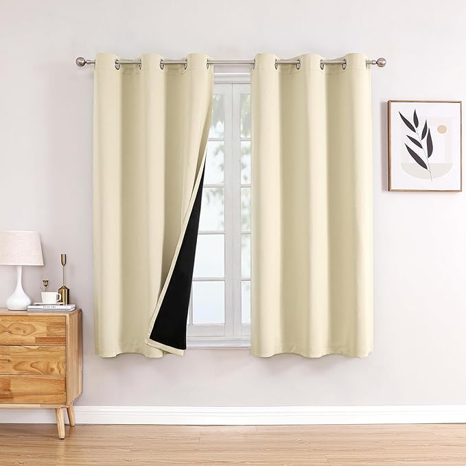 ChrisDowa 100% Blackout Curtains 45 inch Long for Bedroom with Black Liner, 2 Thick Layers Total Blackout Thermal Insulated Grommet Window Curtains 2 Panels Set (Light Beige, 42 x 45 Inch)-CubbioJoy