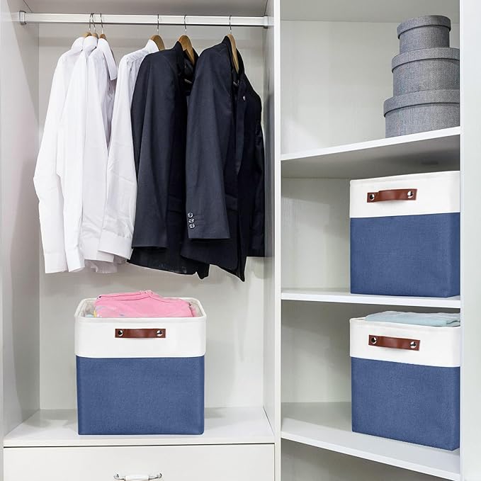 13x13 Cube Storage Bins, Collapsible Fabric Storage Box, 4 Pack Closet Baskets with Handles for Organizing, Shelf, Toys, Clothes, Home, Office, Nursery (NavyBlue&White)-CubbioJoy