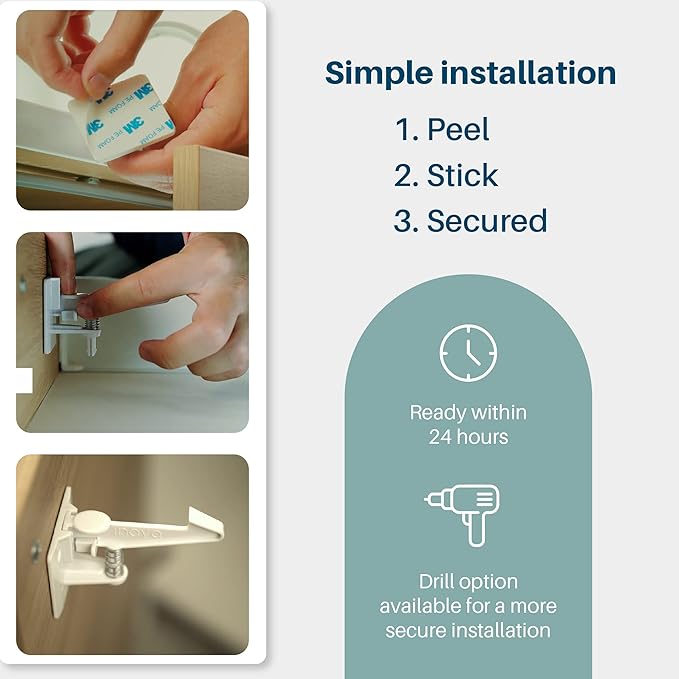 Inaya Cabinet Locks Child Safety Latches - Baby Proofing Cabinets & Drawers Locks - Child Proof Your Home - No Drilling & No Tools Required! (12 Pack - Extended Length Version)-CubbioJoy