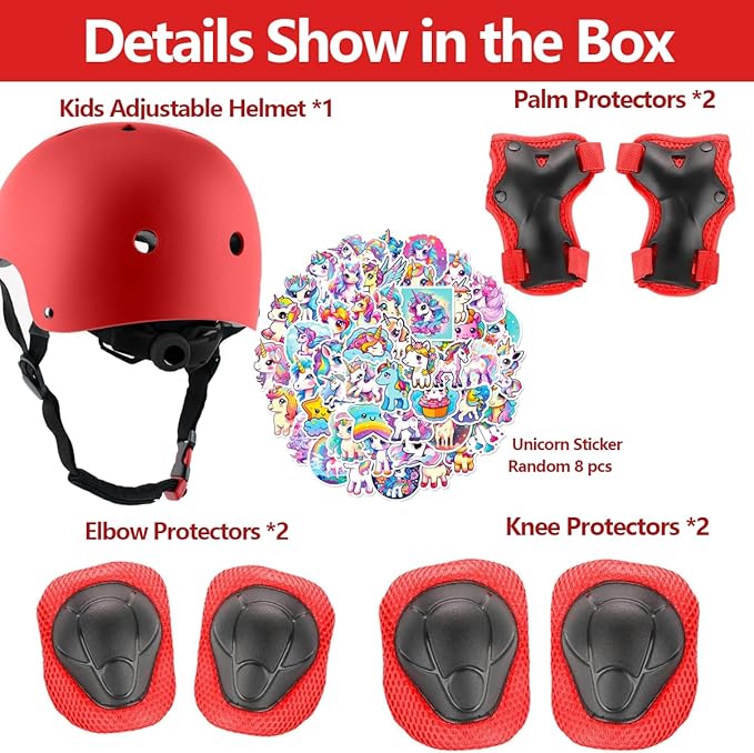 Kids Bike Helmet with Knee Elbow Wrist Pads Guards,Pink,for Ages 2-3-5-8-14,Sports Bicycle,Skate Scooter,Rollerblading with Unicorn Sticker-CubbioJoy