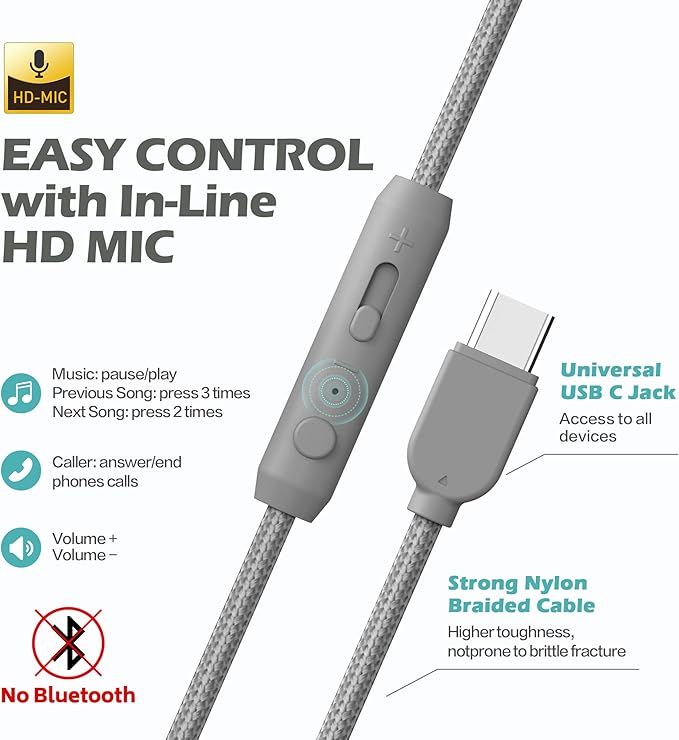 AILIHEN C8 Kids Headphones Wired USB C, USB-C Headphones with Microphone & Volume Control, Foldable Stereo Sound Tangle-Free Type C Cord, Compatible with Cellphone, Laptop, PC, Computer (Grey Mint)-CubbioJoy