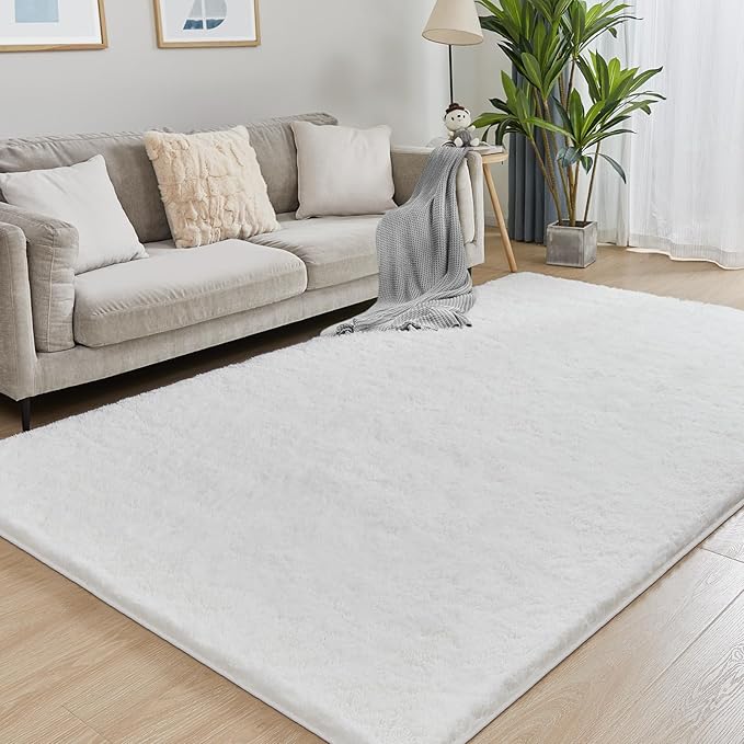 6x9 White Area Rugs for Living Room, Fluffy Shaggy Rug for Bedroom, Anti-Skid High Pile Indoor Carpet for Nursery, Kids Room, Bedside, Home Decor-CubbioJoy