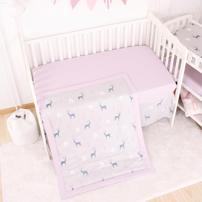 CaSaJa Baby 3-Piece Crib Bedding Set for Boys Girls, Including Soft Quilted Comforter(Blanket), Fitted Crib Sheet and Skirt, Soft Nursery Bedding Set Made of Silky Comfy Materials, Reindeer Forest-CubbioJoy