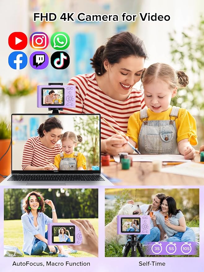 Digital Camera, 44MP Full HD 1080P Point and Shoot Camera with 64GB Card, Anti Shake 16X Zoom Compact Volg Cameras, Portable Small Digicam Gift for Kids, Ages Teen Girl Boy - Purple-CubbioJoy