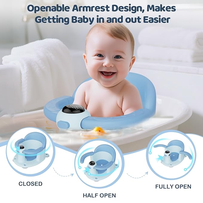 Baby Bath Seat-for Babies 6 Months & up, Water Temperature Display+Soft Cushion, Non-Slip Toddler Bath Seat for Baby, Sit Up Bath Seat for Baby, Blue-CubbioJoy