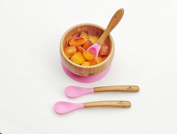 Avanchy Bamboo & Silicone Infant Training Spoons, BPA Free - Soft Tip, Easy on Gums, First Stage Feeding Utensils for Baby-Led Weaning, Self-Feeding, Pink-CubbioJoy