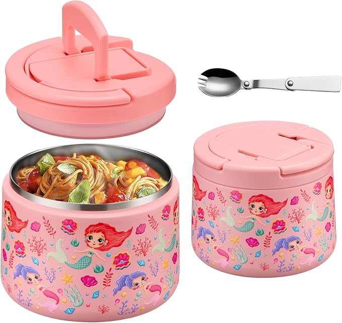 14oz Insulated Vacuum Food Jar with Buckle Lid,Soup Thermo for Hot Food Kids,Wide Mouth Leakproof Stainless Steel Lunch Container with Spoon-Mermaid-CubbioJoy