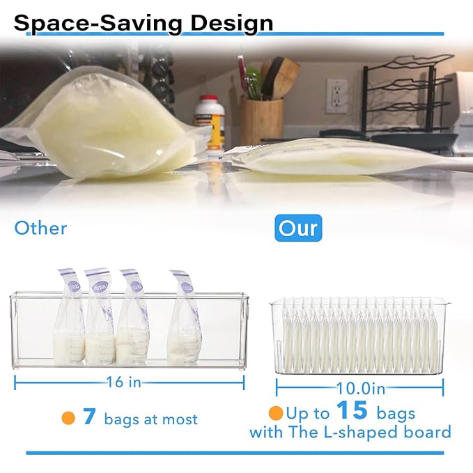 Breastmilk Storage Container with 4 Freezer Flattener Kit to Flatten Standing Breast Milk Bags in Organizer Bins Save Refrigerator Space |Horizontal Storage-CubbioJoy