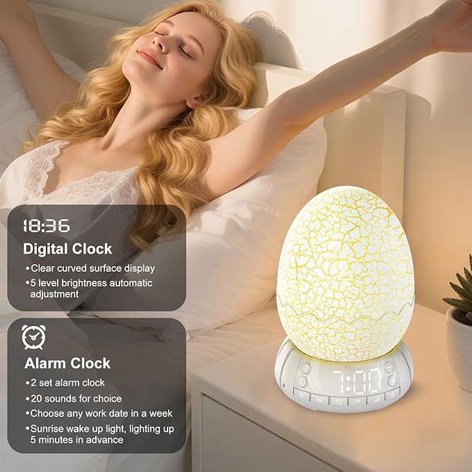 Dinosaur Egg Shape Touch Control Night Light with Pattern Inside, Digital Alarm Clock with Wake Up Light, 20 Soothing Sleep Training Sound and Bluetooth Speaker Box (2025 Style)-CubbioJoy