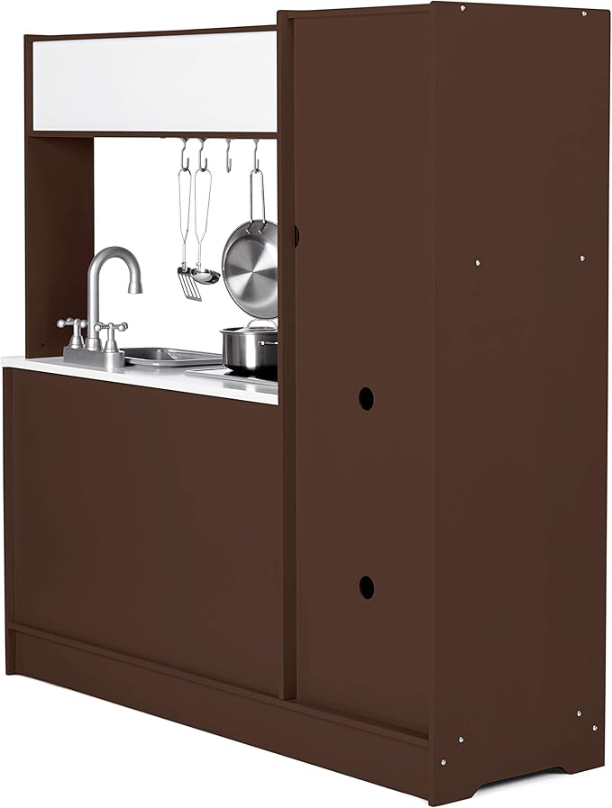 Amazon Basics Kids Upright Wooden Kitchen Toy Playset with Stove, Oven, Sink, Fridge and Accessories, for Toddlers, Preschoolers, Children Age 3+ Years, Espresso/Gray, 39x11.8x39''-CubbioJoy