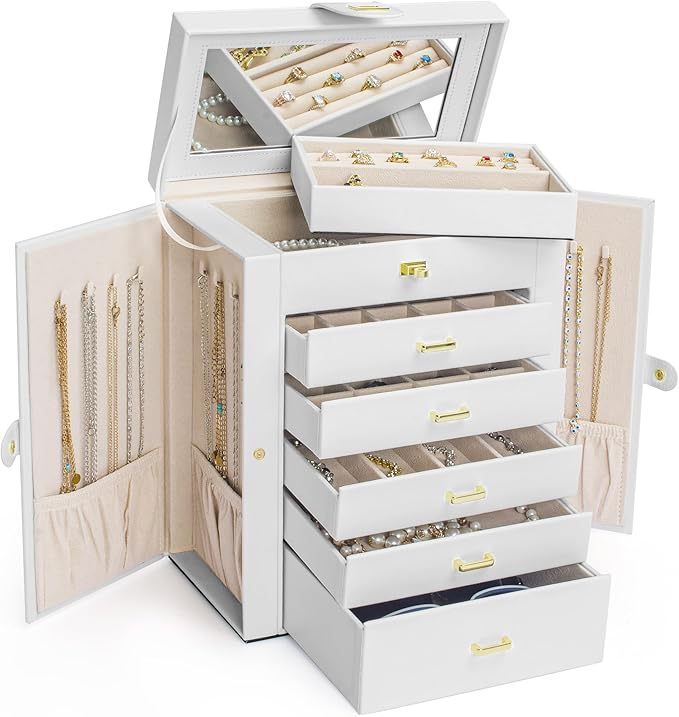 AKOZLIN Large Jewelry Box Organizer Functional with Big Mirror, Leather Jewelry Storage Case for Women Girls Ring Necklace Earring Bracelet Holder Organizer White-CubbioJoy