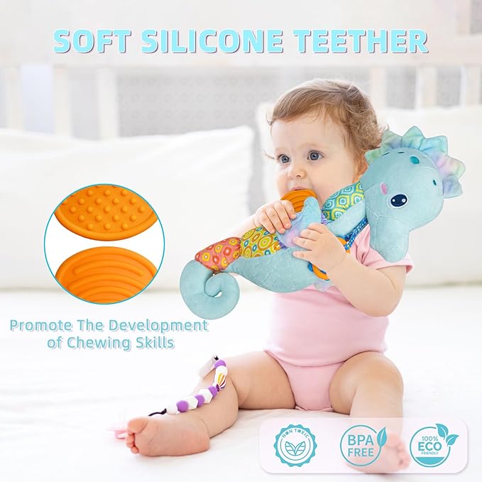 Baby Toys 0-6 Months,Infant Musical Seahorse Stuffed Animals Sensory Toys with Bright Colors,Multiple Textures,Rattles & Crinkle Sound Paper,Soft Tummy Time Toy for Newborn Boys Girls 0-12 Months-Blue-CubbioJoy