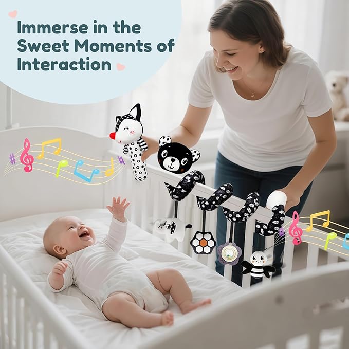 Car Seat Toys for Babies 0-6 Months,Hanging Rattle Toys for Crib Mobile, Baby Spiral Hanging Stroller Black and White High Contrast Toys for Newborn 0 3 6 9 12 Months Baby Boys Girls (Set-2)-CubbioJoy
