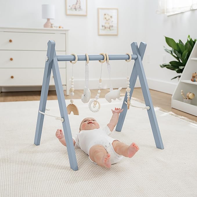 Comfy Cubs Wooden Baby Play Gym - Natural Finish Pinewood Baby Activity Gym with 5 Sensory Hanging Toys - Easy No-Tool Assembly, Safe and Durable for Infant Motor and Visual Development - Pacific Blue-CubbioJoy