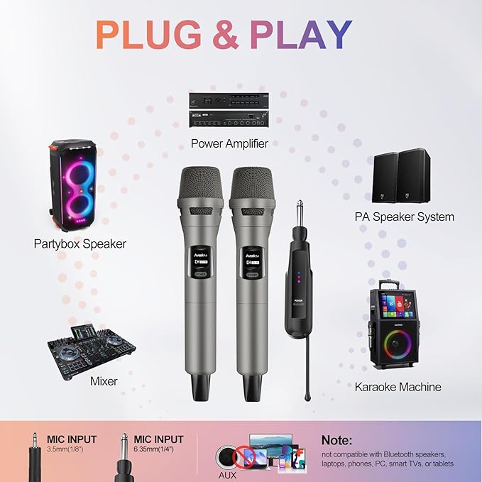Aveek 2.4GHz Wireless Microphone System, 2 Rechargeable Mics and Receiver, Plug & Play for Karaoke Machine, Party Speakers, Home Entertainment, Wedding & Events - Crystal Clear Sound, 100ft Range-CubbioJoy