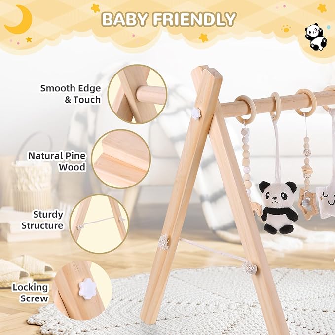 Baby Play Gym with Mat – Wooden Montessori Gym for Newborns 0-12M,Natural Pine Wood with 6 Sensory Toys,Foldable & Portable (Koala)-CubbioJoy