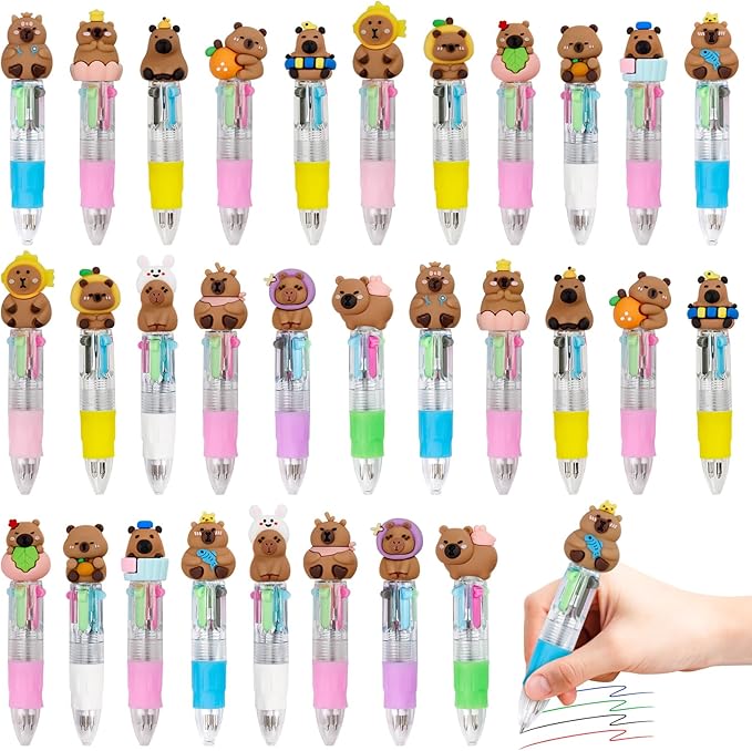 30Pcs Mini Multicolor Pens in One 4-in-1 Cute Pens Bulk for Kids, Ballpoint Pen for Birthdays and Children's Parties, Fun Gifts Assorted Ink Kawaii Pen(Capybara)-CubbioJoy