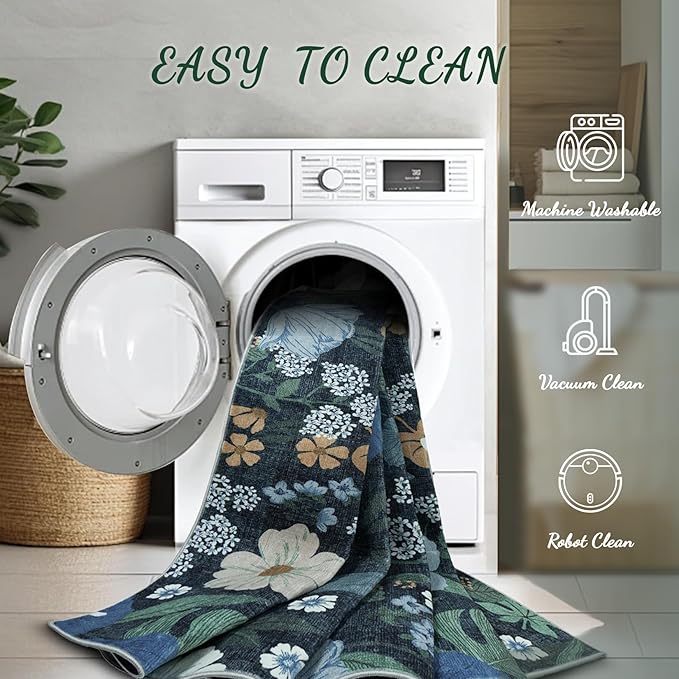 Area Rug Living Room Rugs: 5x7 Washable Rug Vintage Floral Soft Boho Non Slip Carpet Indoor Floor Non Shedding Low Pile Thin Carpets for Bedroom Dining Room Farmhouse Nursery Home Office Blue-CubbioJoy