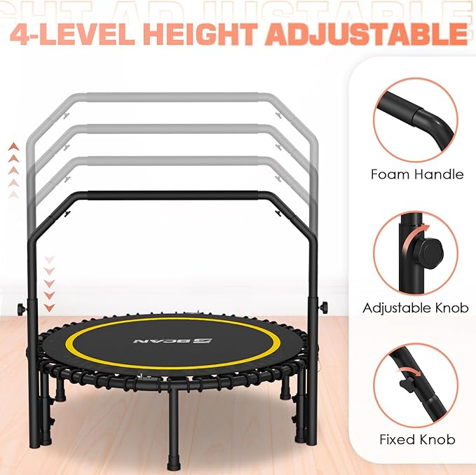 BCAN 40"/48" Mini Rebounder Trampoline for Adults with Bar, 450/550LBS Fitness Trampoline with Bungees, Adjustable Handle, Stable & Quiet, Indoor Outdoor, Whole-Body Workout & Relaxation at Home-CubbioJoy