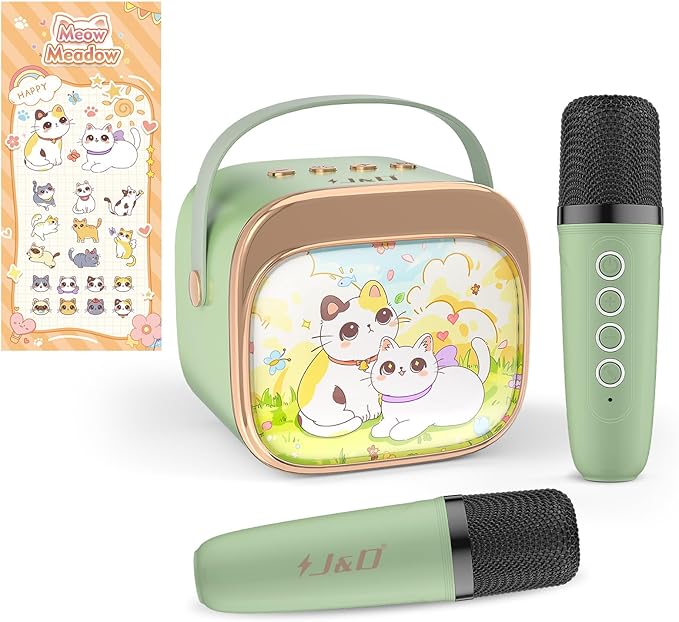 J&D Mini Karaoke Machine for Kids Adults, Portable Bluetooth Speaker with 2 Wireless Mics and Cat Sticker for Girls Boys Age 3–10 Birthday Gifts Princess Toys, Colorful LED, Green-CubbioJoy