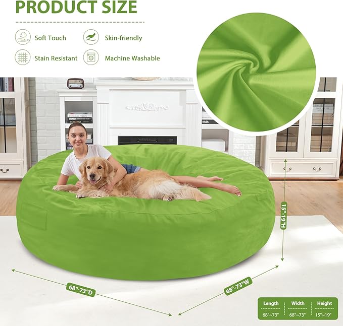 7FT Bean Bag Chair, Large Bean Bag Chairs with Memory Foam Filled, Fluffy Beanbag Sofa with Dutch Velvet Cover, Round BeanBag Chairs for Living Room, Playroom - Lime-CubbioJoy