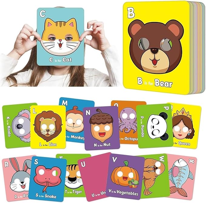 Alphabet ABC Flash Cards with Animal Masks, Animal mask Alphabet Cards, Interactive Education Games, Learn Letters, English Phrases(26 Pcs Colorful)-CubbioJoy