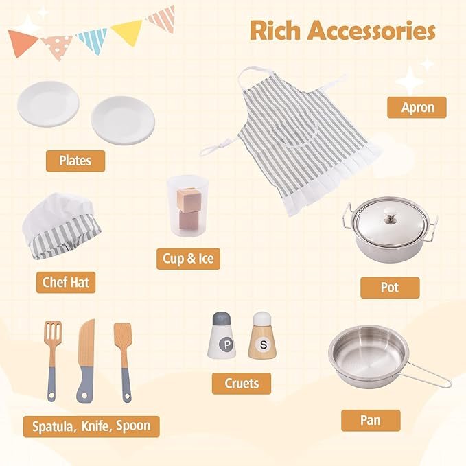 Costzon Corner Kids Kitchen Playset, Wooden Play Kitchen with Sounds & Lights, Washing Machine, Ice Maker, Microwave, Oven, Sink & Faucet, Pretend Toy Kitchen Set for Toddler, Gift for Boys Girls-CubbioJoy