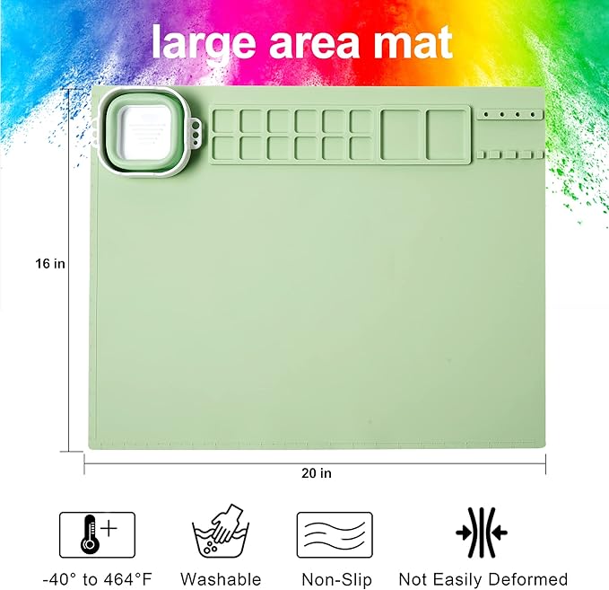 AWOKE Silicone Painting Mat for Table Protection - 20"X16" Washable Art Mat with 1 Water Cup for Kids - Craft Mat has 12 Color Dividers - 2 Paint Palettes (Green), Toddler Activities, Girl Boy Gifts-CubbioJoy