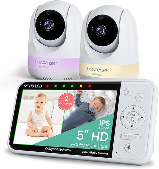 Babysense Prisma Baby Monitor with Camera and Audio, 5” HD Video Baby Monitor with 2 Cameras, 6-Color Night Light, Split Screen, Sound Machine with White Noise & Lullabies, Secure No WiFi-CubbioJoy