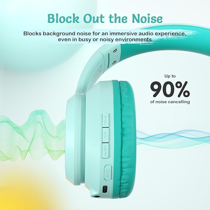 Active Noise Cancelling Headphones for Kids, 60H Playtime, Wireless Bluetooth Over-Ear Headset Built-in Microphone for Home/School/Travel/Party - Includes Portable Case-CubbioJoy