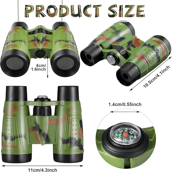 25 Pack Binoculars for Kids 6+ Years Old, with Compass and Neck String Toddler Toy Binoculars Gift Set for Camping Adventure, Party Favor, Red, Yellow, Camo, Green, Blue-CubbioJoy