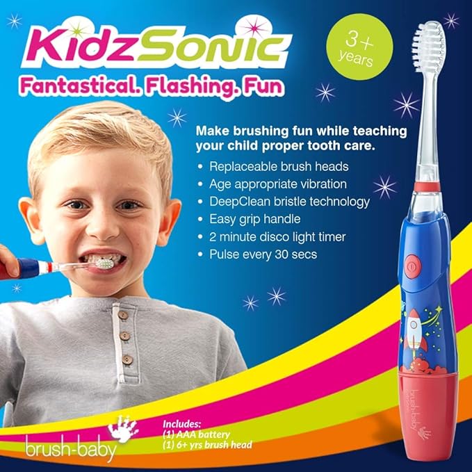 B07YVKSLHYBrush‑Baby - KidzSonic Rocket Kids Electric Toothbrush for Ages 3+ with Disco LED Lights, Gentle Sonic Vibrations, 2-Minute Smart Timer & 30‑Second Pulse Reminders – AAA Battery Included-CubbioJoy