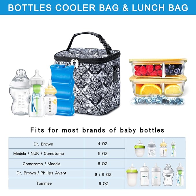 Breastmilk Cooler Bag with Ice Pack Fits 6 Baby Bottles Up to 9 Ounce, Baby Bottle Bag with Shoulder Strap for Nursing Mom Daycare, Black-CubbioJoy