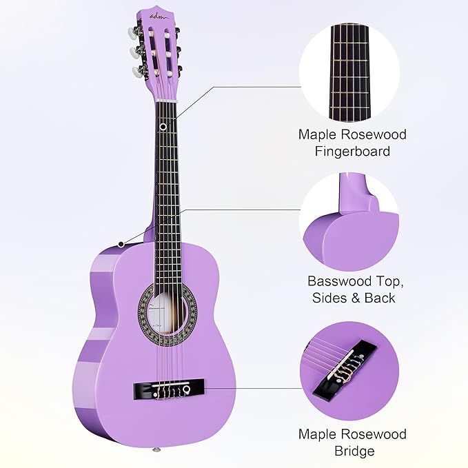 ADM Beginner Acoustic Classical Guitar 30 Inch Nylon Strings Wooden Guitar Bundle Kit for Kid Boy Girl Student Youth Guitarra Online Lessons with Gig Bag, Strap, Tuner, Strings, Picks, Purple-CubbioJoy