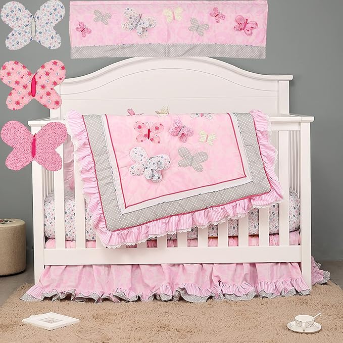 7 PCs Pink Embroidery Butterfly Nursery Crib Bedding Set 100% Cotton Baby Girl 3D Butterfly Themed Cot Bedding Set 1 Quilt, 2 Fitted Sheet, 1 Window Valance, 3 Butterfly Shaped Wall Decor-CubbioJoy