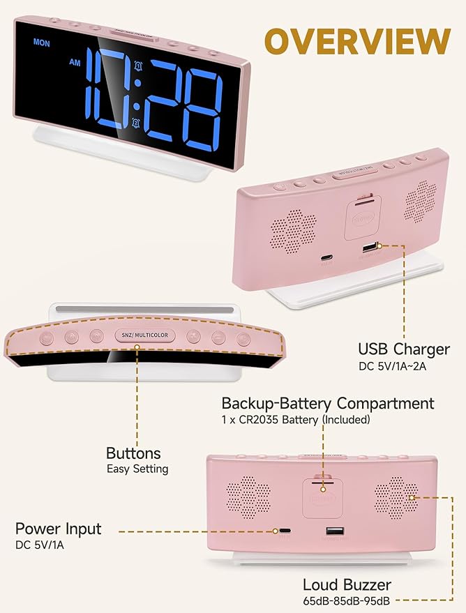 Cadmos Modern Curved Cute Digital Alarm Clock,Colorful Led Display,Adjustable Volume,Weekday/Weekend Mode,Simple Clock for Bedrooms Bedside,Ok to Wake Up for Girls,Kids,Teens (Pink+Dynamic)-CubbioJoy