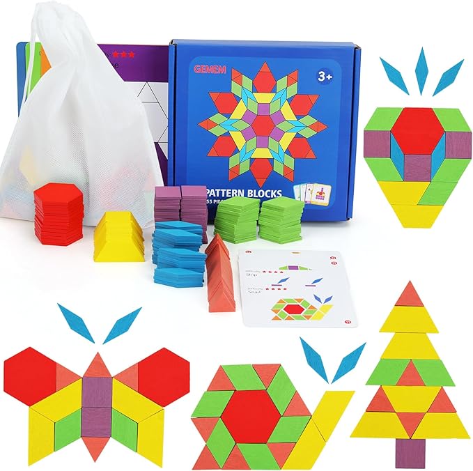 155 Pcs Wooden Pattern Blocks Set Geometric Shape Puzzle Kindergarten Classic Educational Montessori Tangram Toys for Kids Ages 4-8 with 24 Pcs Design Cards-CubbioJoy