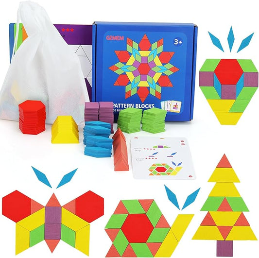 155 Pcs Wooden Pattern Blocks Set Geometric Shape Puzzle Kindergarten Classic Educational Montessori Tangram Toys for Kids Ages 4-8 with 24 Pcs Design Cards-CubbioJoy