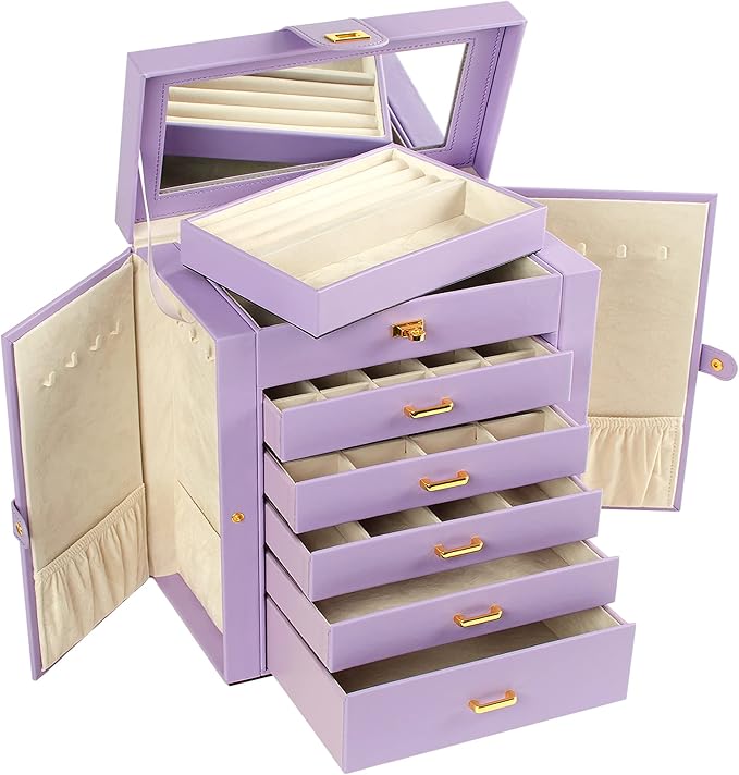 AKOZLIN Large Jewelry Box Organizer Functional Lockable with Big Mirror, Leather Jewelry Storage Case for Women Girls Ring Necklace Earring Bracelet Holder Organizer Violet-CubbioJoy