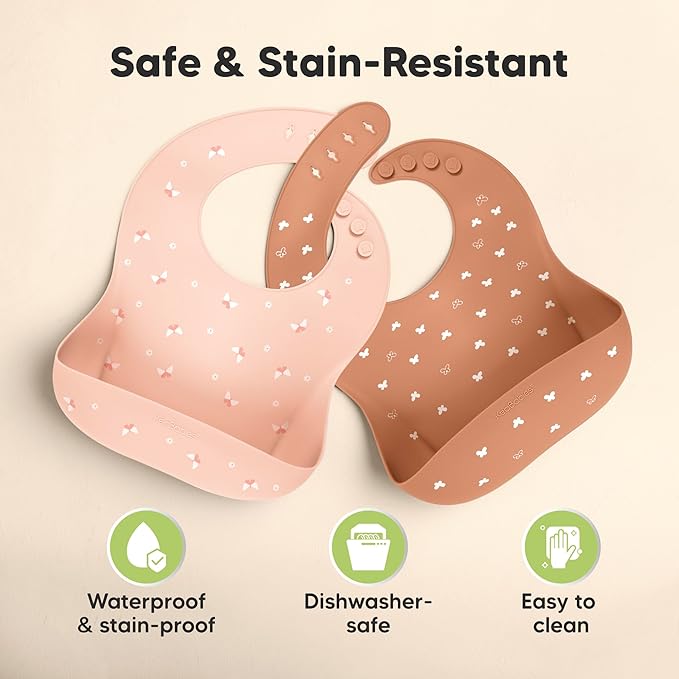 KeaBabies 2-Pack Silicone Baby Bibs for Eating - Sturdy Food-Grade Silicone Bibs for Babies Girl, Boy, Large Food Catcher, Clean & Put On Easily, Waterproof Toddler Feeding Essentials (Butterflies)-CubbioJoy