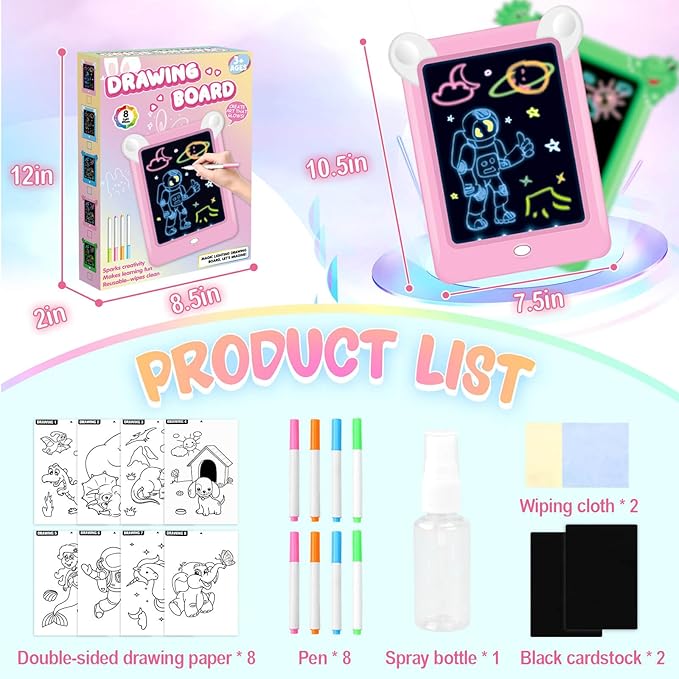 2 Pack Magic Led Drawing Boards for Kids: Light Up Tracing Pad, 8 Light Modes, Drawing Pads for Kids Ages 4-8 with Tracing Cards Markers, Arts Crafts Learning Toy Ideal Gift Toy for Boys Girls-CubbioJoy