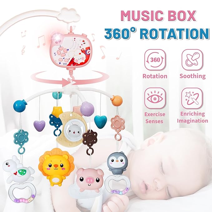 Baby Mobiles for Cribs, Crib Mobile with Music and Lights, Nursery Musical Mobile for Bassinets Hanging Toys with Remote Control, Rotation, Projection, Animal Mobile Arm Clip On for Infant Boys Girls-CubbioJoy